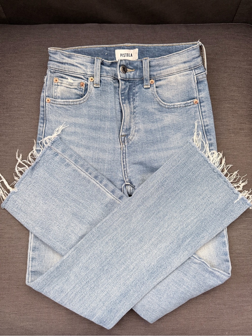 pistola Light Wash High-Rise Frayed Hem Straight Jeans
